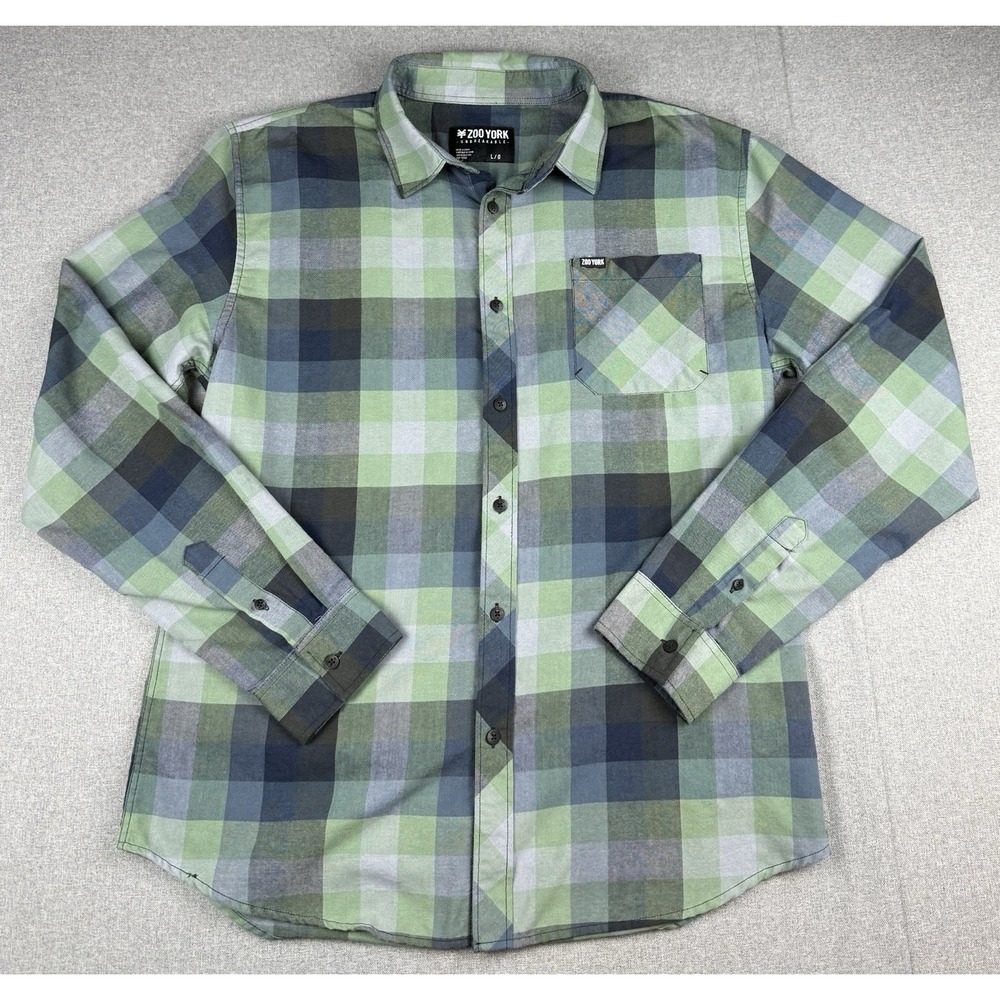 Zoo York Unbreakable Mens Large Green Blue Plaid Long Sleeve Button Shirt